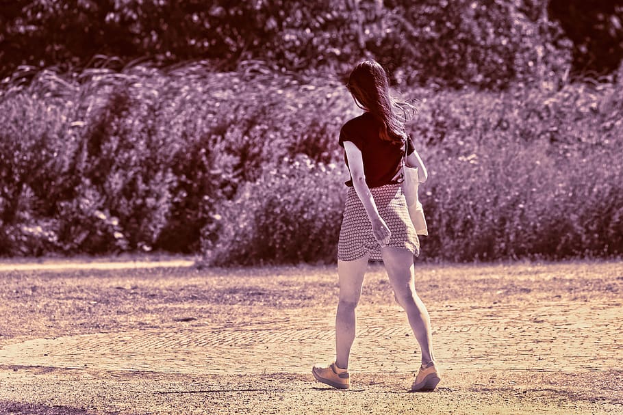 person, woman, young, alone, solitary, walking, footpath, outdoors, sunny day, summer