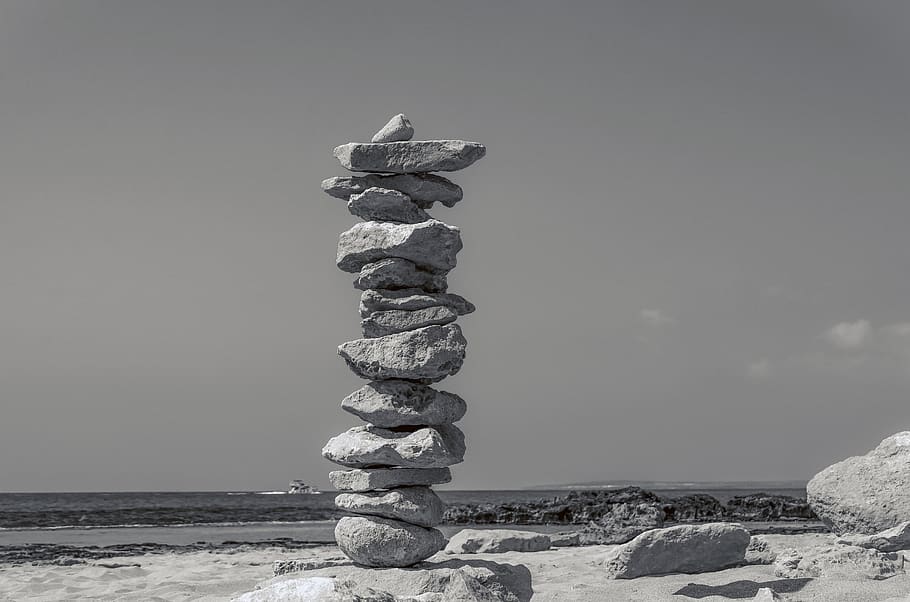 pedras, praia, equilíbrio, zen, mar, natureza, monocromático, pilha, rocha, sólido