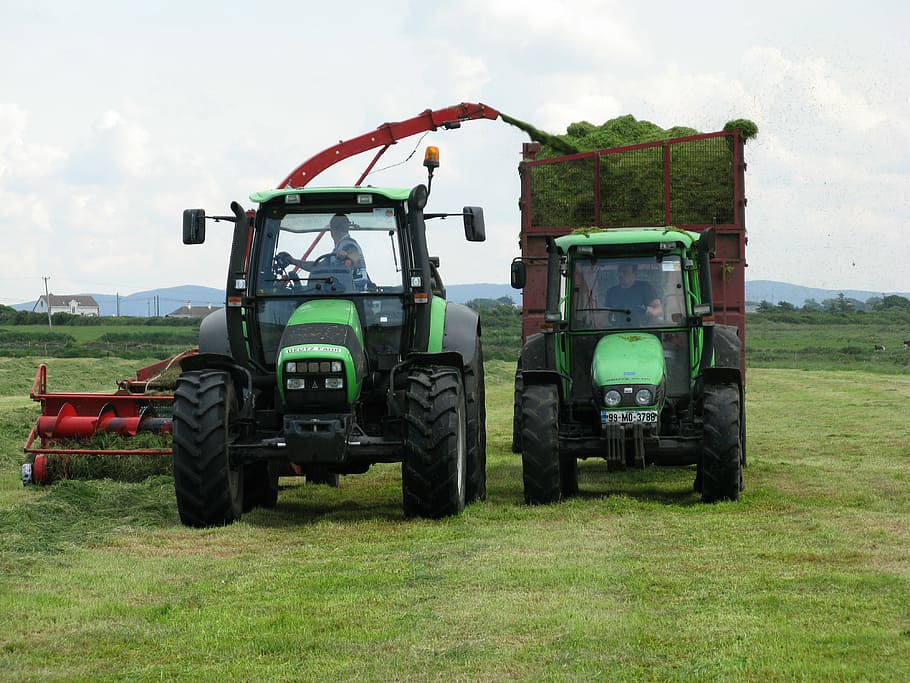 two, green, tractors towing attachments, farming, tractors, agriculture, harvest, grass, field, farm