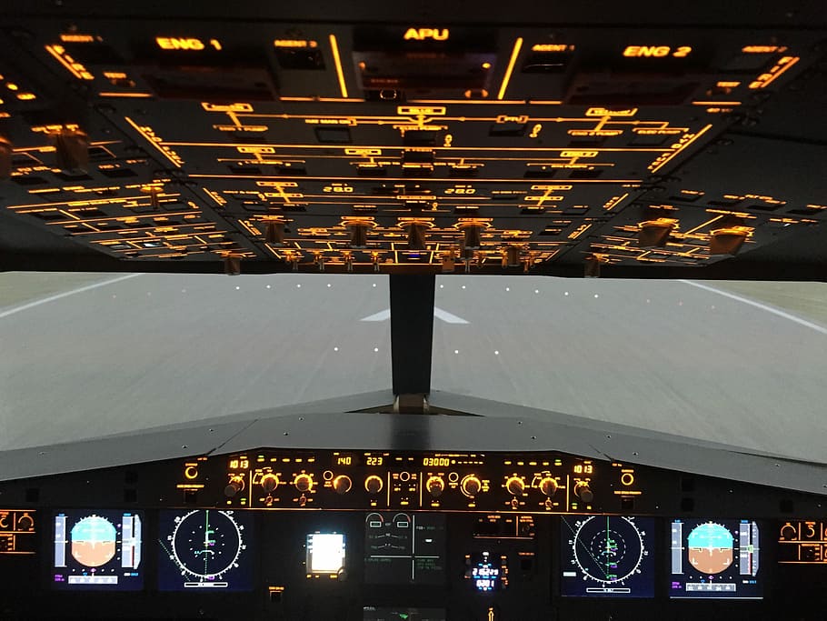 airplane cockpit, Overhead, Airbus A320, Simulator, cockpit, airplane, air vehicle, aerospace industry, transportation, flying