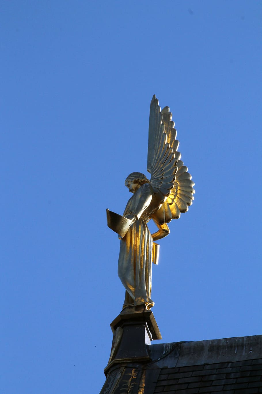 angel, statue, gold, blue sky, france, montmorency, ile-de-france, church, wings, religion