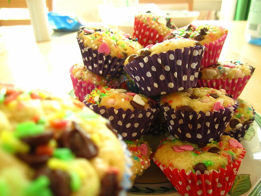 muffin, warna-warni, dipanggang, ulang tahun anak-anak, anak-anak, kue kering, hiasan, dekorasi, karnaval, manis