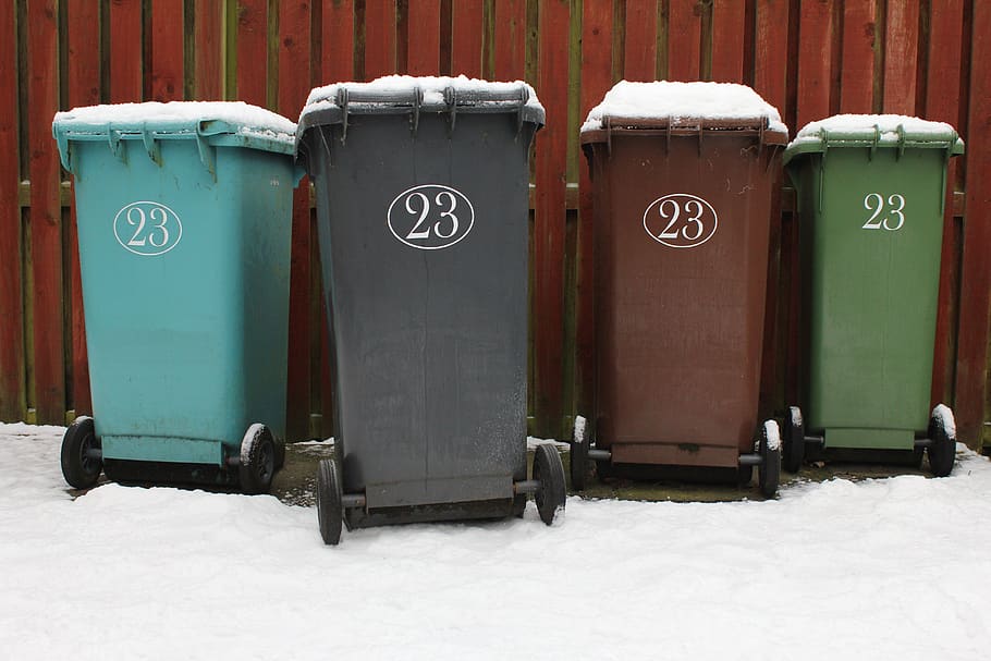 wheelie bin, garbage, rubbish, waste, dustbin, paper, plastic, blue, green, brown