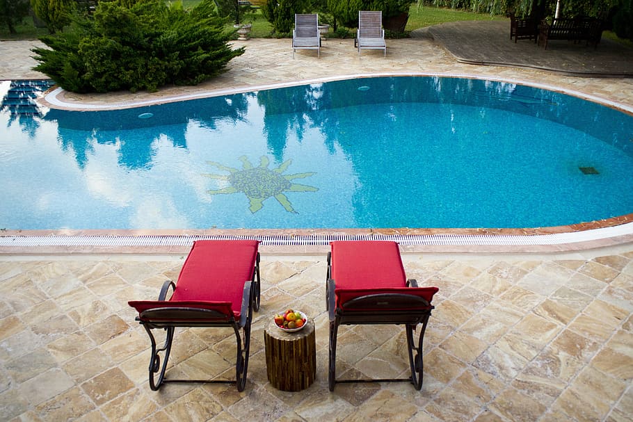 two, red-and-black, outdoor, loungers, pools, Sunbeds, Pool, Holiday, Peace, Health