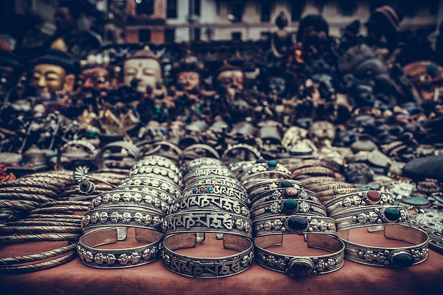 street shop, basantapur, nepal, asia, landmark, bracelets, masks, shoe, focus on foreground, still life