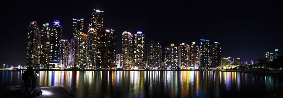 wide angle, night view, skyscraper, busan, pusan, korea, haeundae, marin city, building, sea
