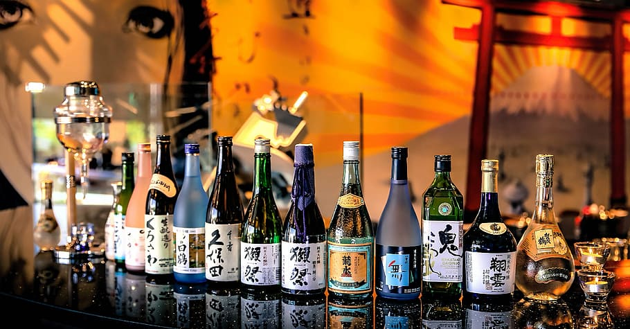 wine, vodka bottle lot, black, table, drinks, bottle, sake, shabu, restaurant, sake bar