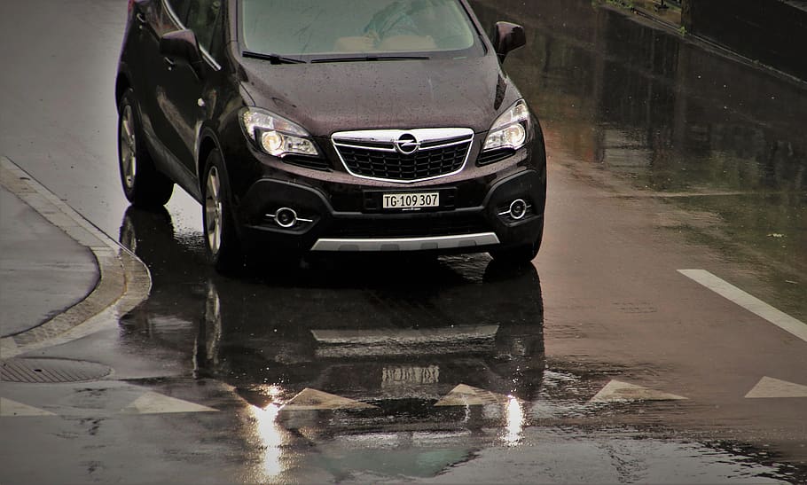 street, rain, wet, asphalt, reflection, cloudy, opel, water, weather, horse