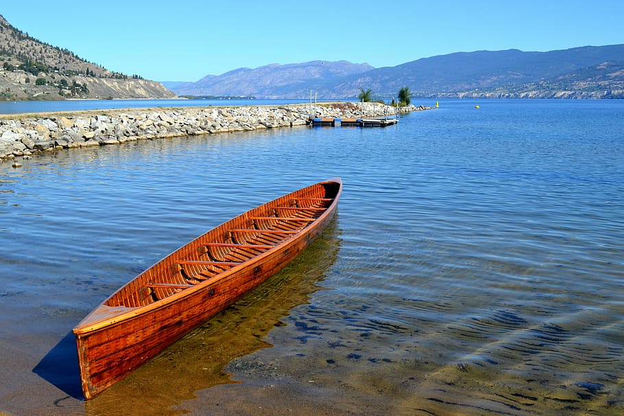 brown, boat, floating, body, water, lake, war canoe, landscape, paddle, summer