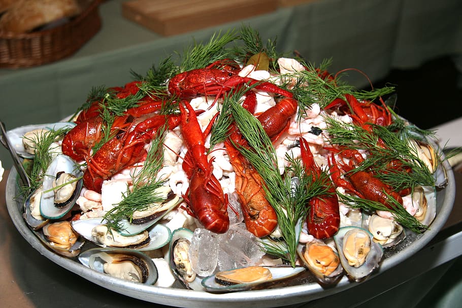 Seafood, Platter, Crayfish, Mussels, seafood platter, refreshments, appetizing, first course, party food, dill