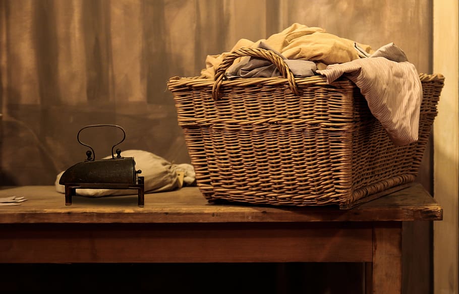 brown wicker basket, nostalgia, iron, old, laundry basket, 19, century, antique, book, old-fashioned