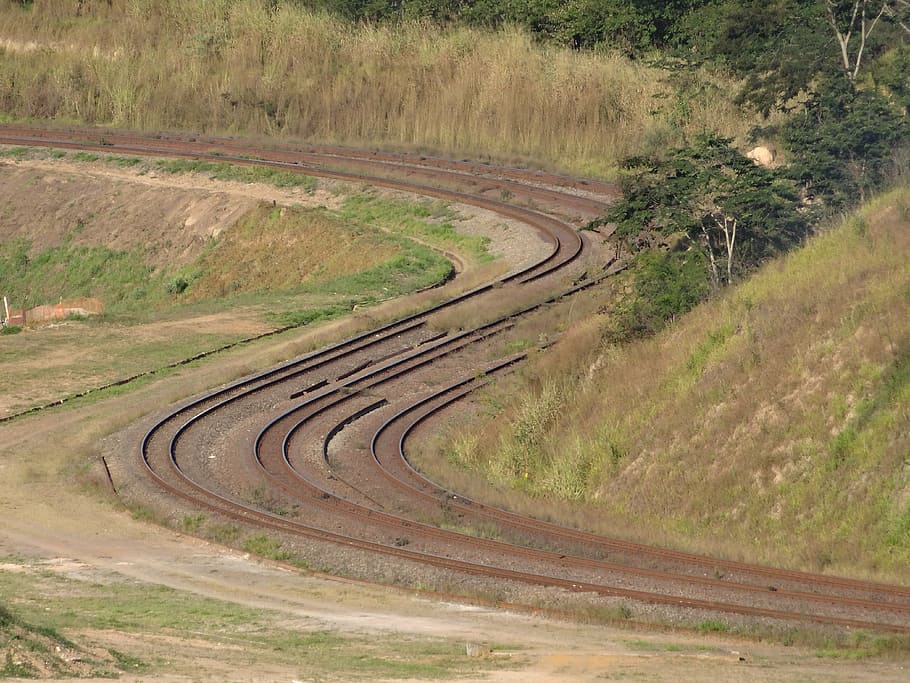 rails, train, transport, estrada de ferro, itabira, road, transportation, curve, land, environment