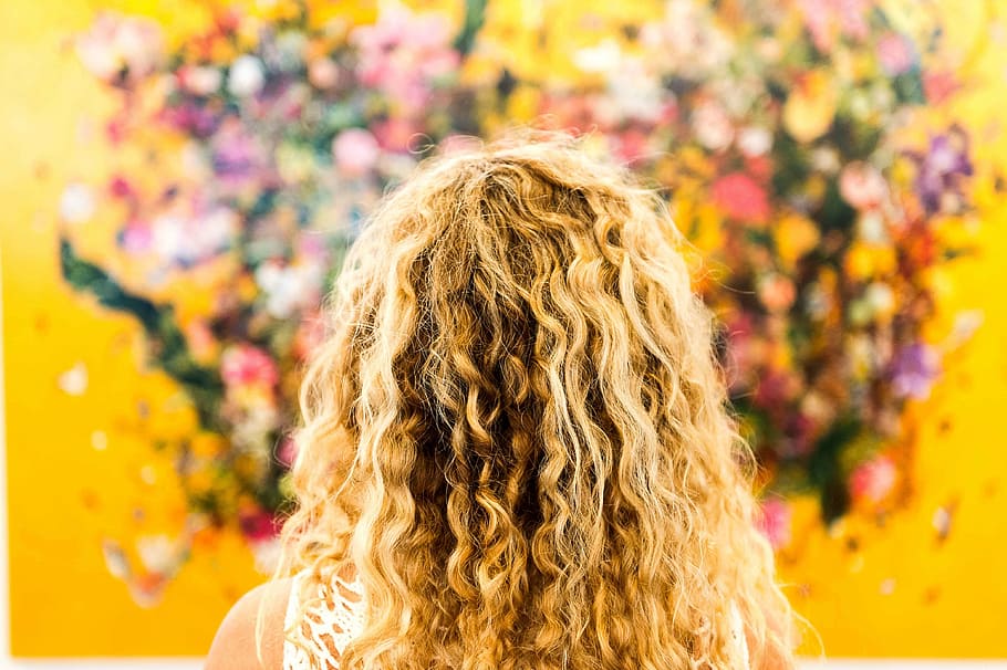 woman, brown, curled, hair, blonde, art, flowers, head, female, curly hair