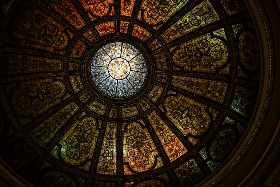 round, black, gold, stained, glass dome building, interior, art, ceiling, dome, pattern