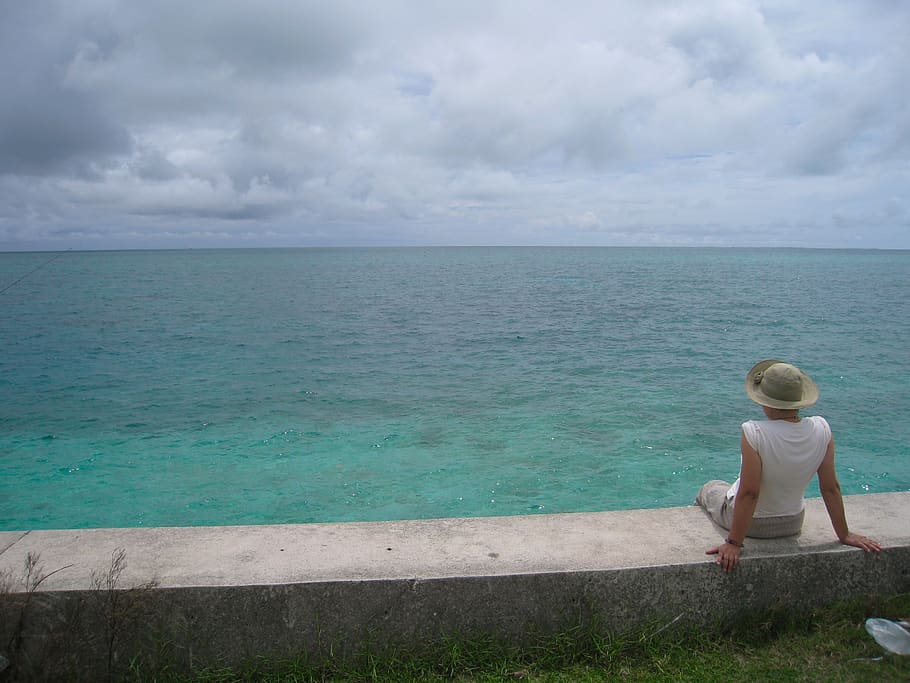 recifes de corais, céu nublado, mar, horizonte, japonês, chapéu, veja o mar, meditando, o coração da viagem, jornada