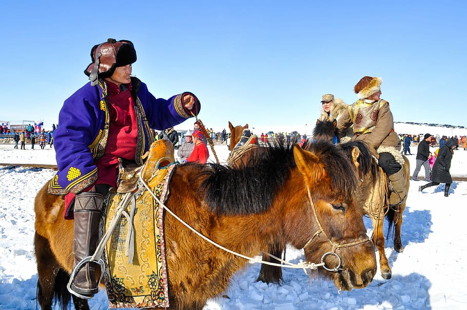 horseman, mongolia, horseback, traditional, outdoor, white, snow, winter, nature, dress