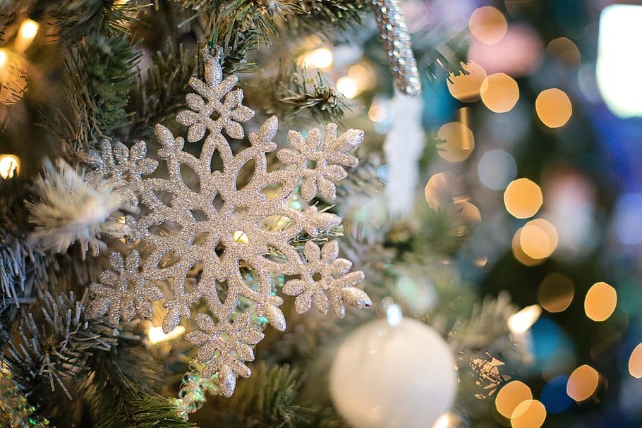 close-up photography, snow flake ornament, snowflake, ornament, christmas ornament, tree, december, christmas, holiday, x-mas