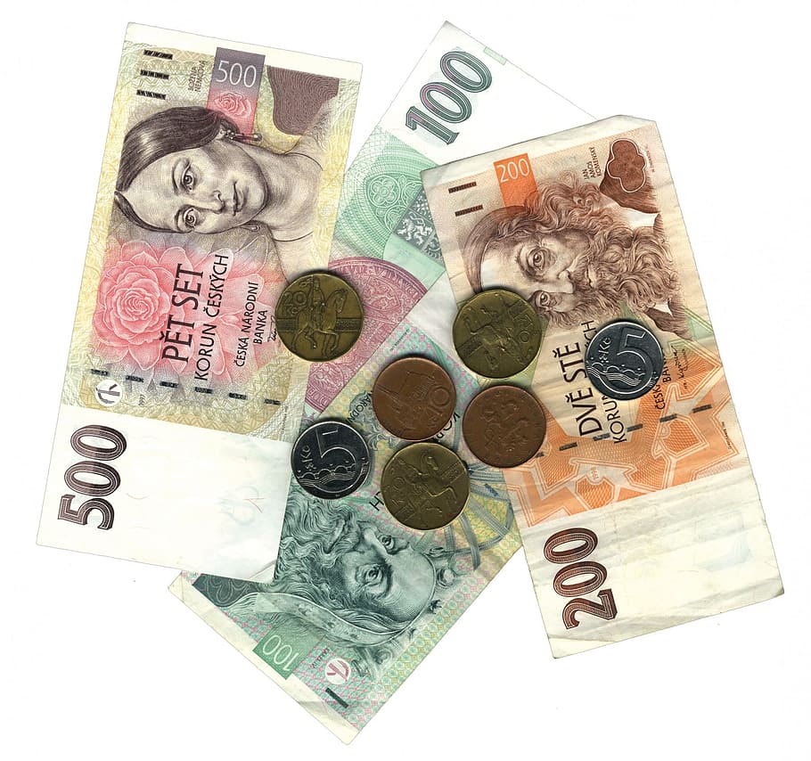 Dinero, corona, monedas, billetes, checo, moneda, efectivo, financiero, papel moneda, finanzas
