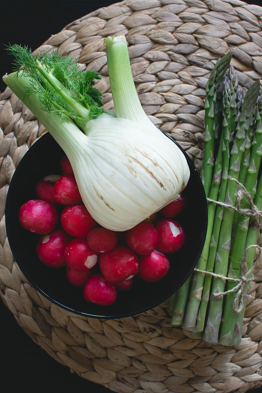 asparagus, radishes, fennel, Fresh, healthy, top view, vegetables, vegetable, food, onion
