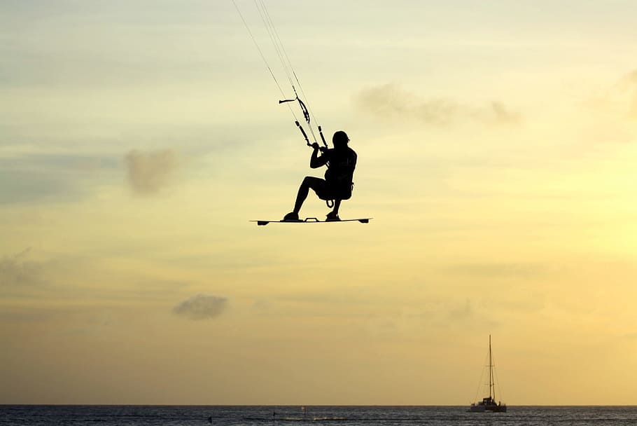 Sunset, Extreme, Kitesurf, Man, style, silhouette, one person, flying, outdoors, mid-air