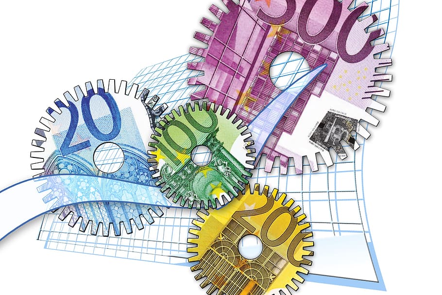 иллюстрация банкнот машины, банкнота, иллюстрация, снаряжение, шестерни, евро, форекс, доллар, финансы, финансовый кризис