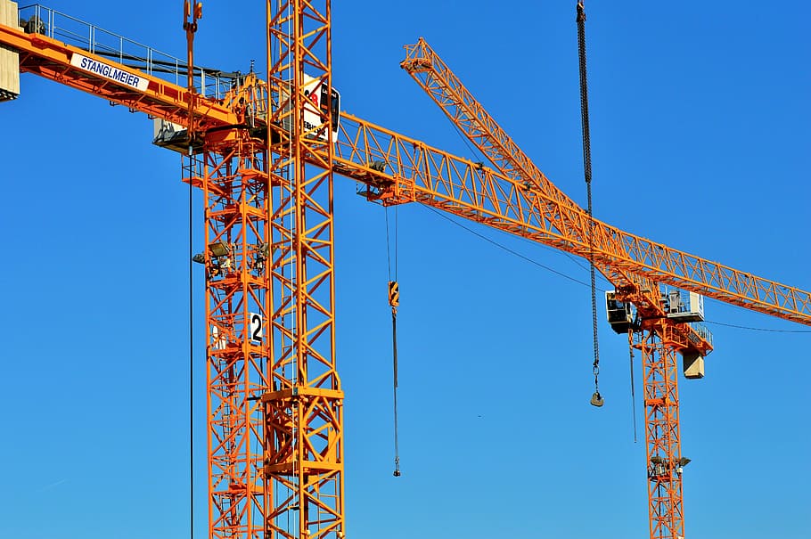 yellow heavy equipment, Crane, Load, Arm, baukran, load crane, crane arm, lift loads, construction work, site