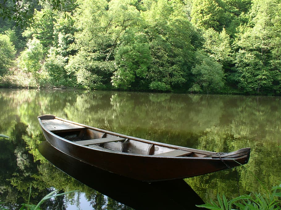 brown, canoe boat, body, Boot, Water, Bank, Lake, Rowing Boat, holiday, river
