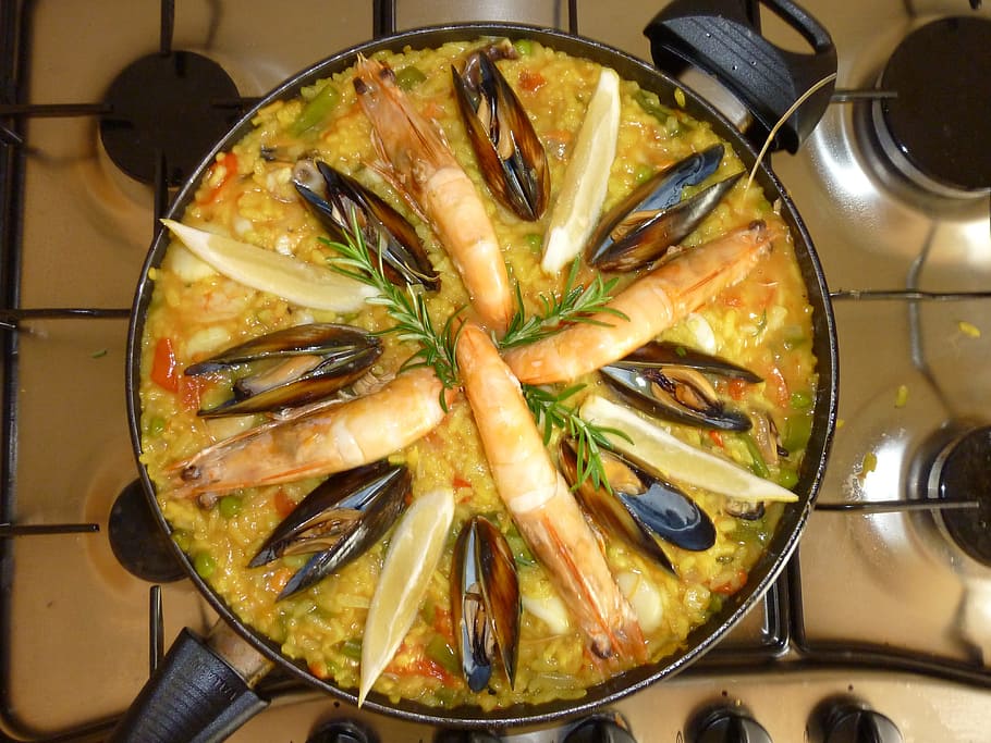 seafood paella, pot, Paella, Seafood, Rice, Food, mediterranean, spanish, shrimp, prawn