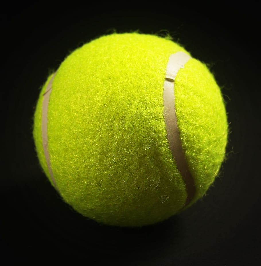 green tennis ball, ball, racket, white, yellow, background, closeup, isolated, leisure, hairy