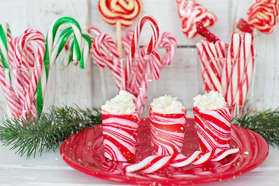 three, red, cups, plate, candy canes, peppermint, sweets, christmas, candy, xmas