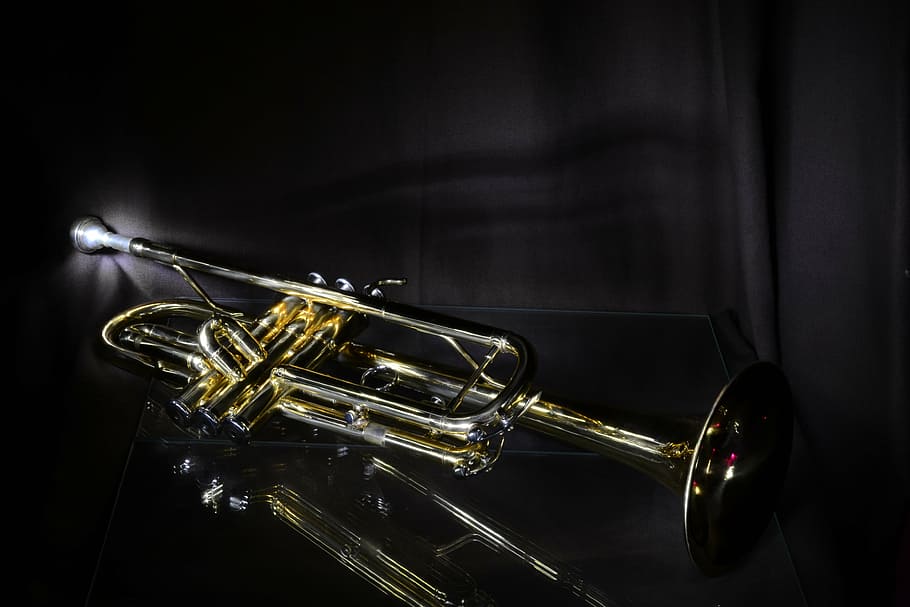 trompete em latão, preto, superfície, trompete, jazz, instrumento musical, música, arte cultura e entretenimento, metal, instrumento de bronze