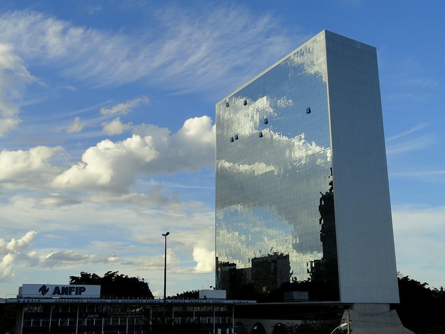 auditores fiscais, arranha céu, brasil, construção, moderno, arquitetura, vidro, reflexão, torre, céu