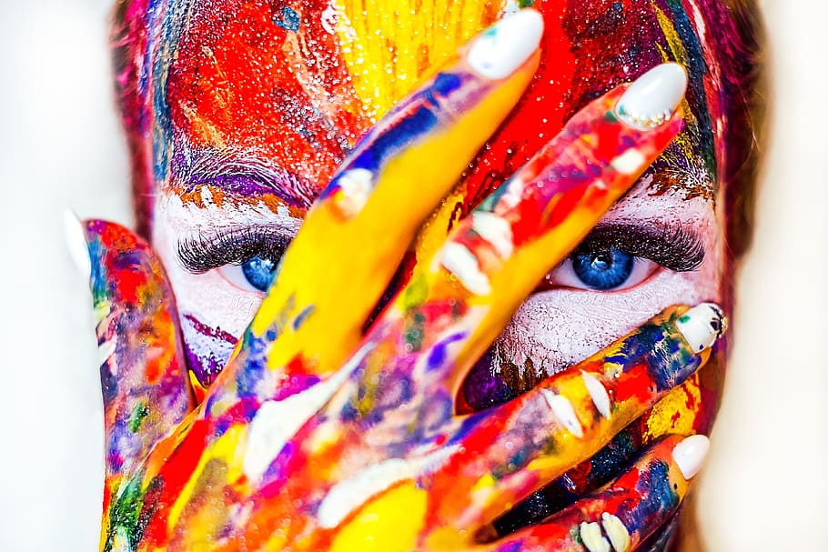 red, yellow, blue, floral, textile, person, filled, body painting, hand, face