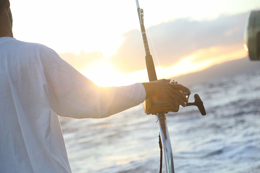 man, holding, black, brown, fishing rod, ocean, fishing, deep sea fishing, fisherman, sport