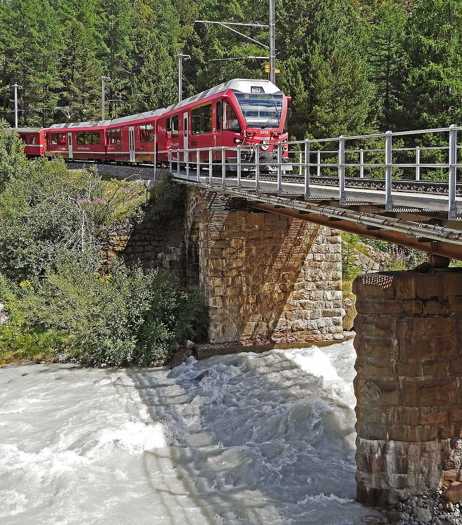 Swiss, Bernina Railway, Railway, Bridge, jembatan, aliran gletser, morteratsch, engadin, pontresina, bernina