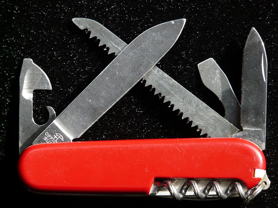 red, silver multi-tool, pocket knife, knife, sharp, cut, pocket, tool, hazardous, multifunction