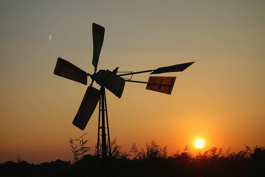 silhouette, windmill, golden, hour, water pump, wind powered water pump, mill, pump, sunset, sun