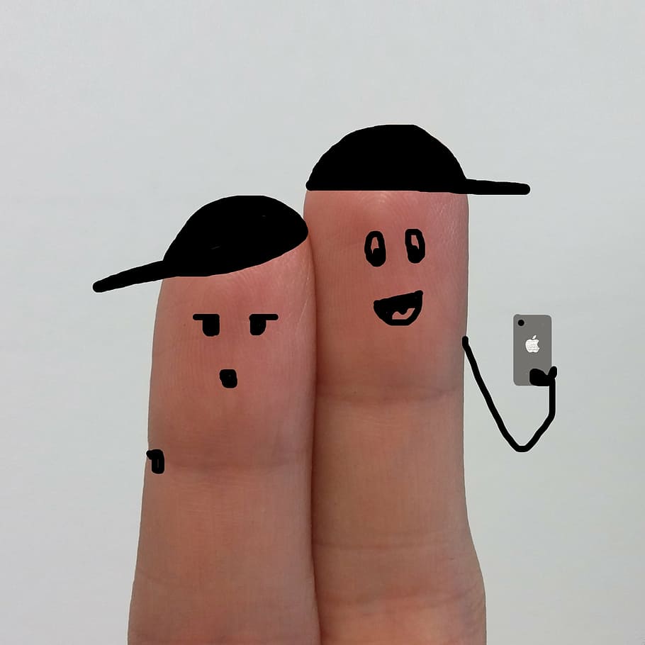two person's fingers, selfie, mobile phone, self-timer, photograph, boys, team, drawing, smilies, fingers