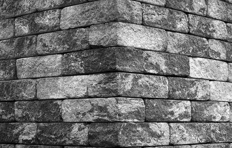 black, grey, bricked wall, corner, edge, stone wall, black white, monochrome, bricked, wall