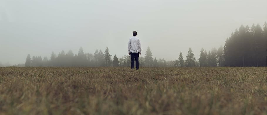 Hombre, de pie, hierba, cubierto, niebla, durante el día, selectivo, enfoque, fotografía, blanco