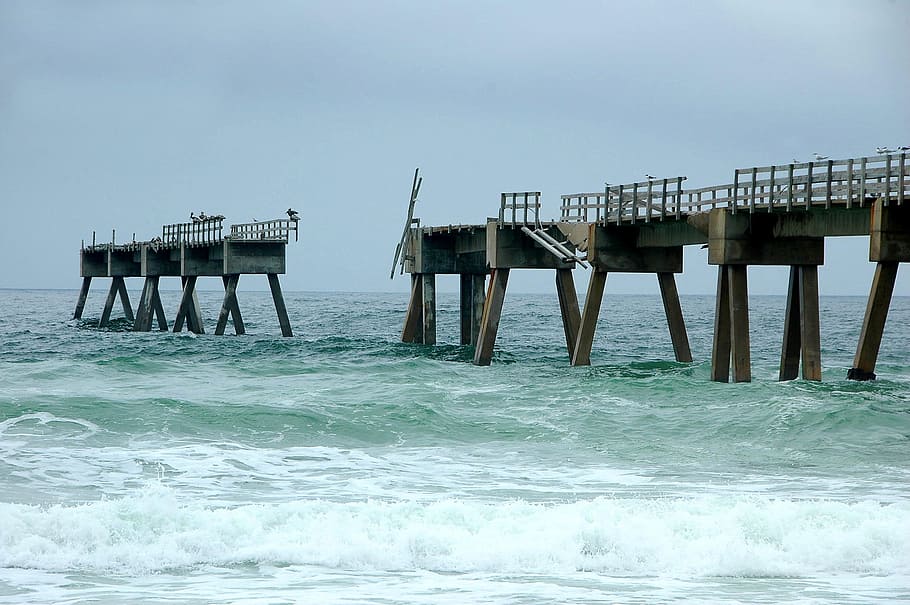 fishing pier, pier, Fishing Pier, pier, hurricane destruction, damage, ocean, florida, shoreline, fishing, water