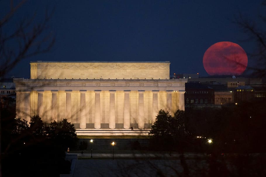lincoln memorial, monument, full moon, night, washington, d, c, architecture, tourist, attractions