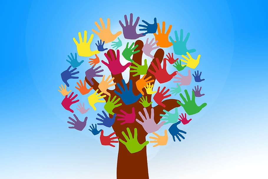 logotipo de manos de colores variados, voluntarios, manos, árbol, crecer, voluntario, envolver, proteger, mantener, estirar