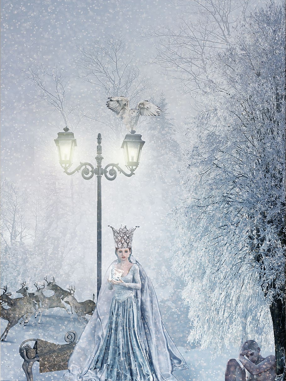 snow queen, fairy tales, winter, forest, snow, ice crystal, lantern, lighting, crown, composing