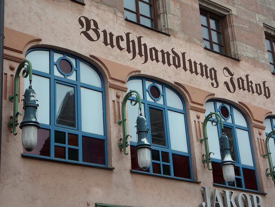 window, facade, bowever, art nouveau, bookstore, old town, jakob, nuremberg, historically, building