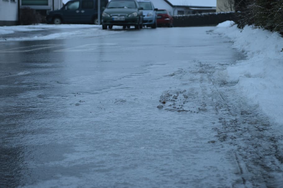 vehicles, passing, wet, road, daytime, ice, smooth, black ice, winter, wintry