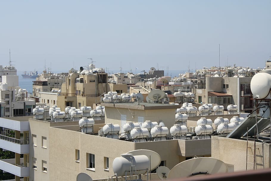 Cyprus, Water Tanks, Roof, the roof of the, industry, day, outdoors, architecture, cityscape, building exterior