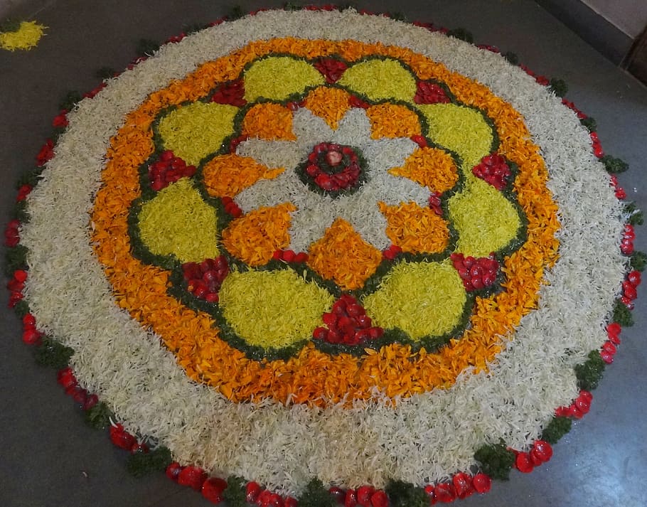 Flowers, Rangoli, Indian, Custom, indian custom, decoration, traditional, festival, spiritual, multi colored