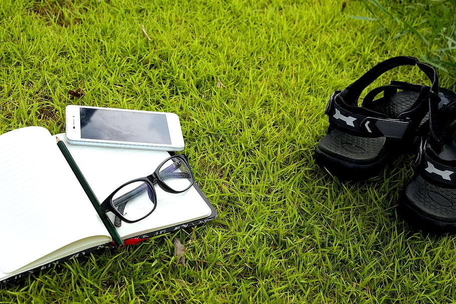 pair, black, hook-and-loop sandals, grasses, white, smartphone, framed, eyeglasses, work, working