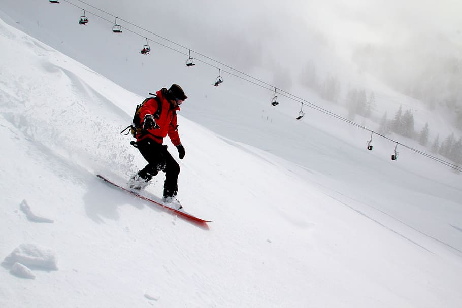 man, wearing, black, red, suit, snowboarding, daytime, winter, snow, snowboard